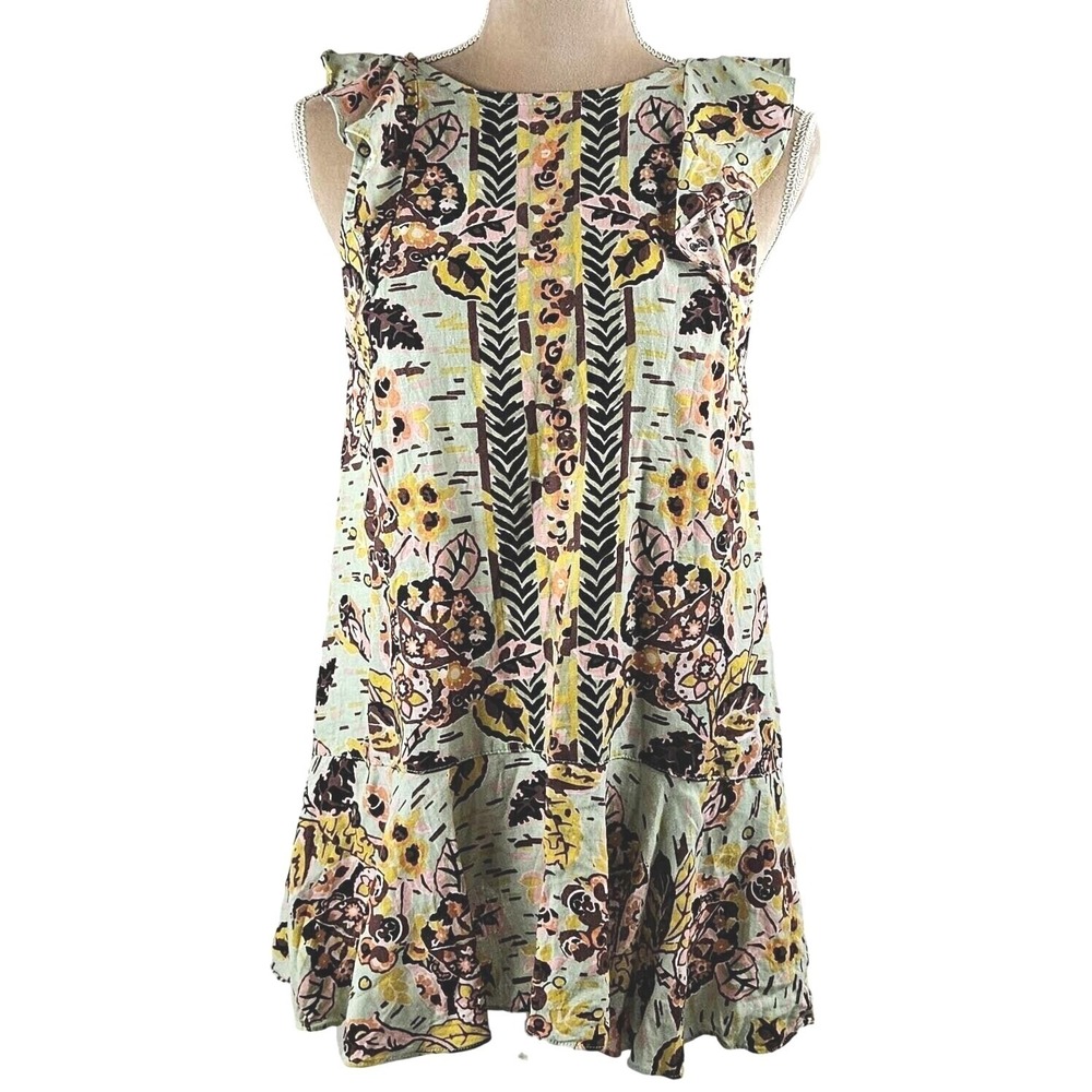 Free People Tunic Top Summer In Tulum Boho Floral Green Combo Peasant Sz XS - Picture 2 of 10
